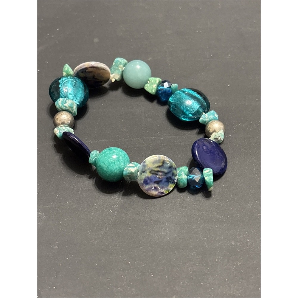 Vintage Beaded Stretch Bracelet Turquoise Art Glass Lapis Blue Chunky Boho OOAK